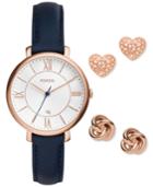 Fossil Women's Jacqueline Blue Leather Strap Watch & Stud Earrings Box Set 36mm Es4140set