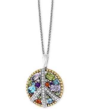 Effy Multi-gemstone (1-1/2 Ct. T.w.) & Diamond (1/6 Ct. T.w.) Peace Sign 18 Pendant Necklace In Sterling Silver & 18k Gold