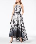 Betsy & Adam Printed High-low Halter Gown