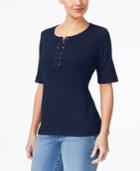 Karen Scott Cotton Lace-up T-shirt, Created For Macy's