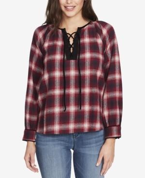 William Rast Meg Plaid Lace-up Top