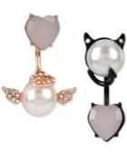 Betsey Johnson Two-tone Faux-pearl And Crystal Angel And Devil Front And Back Mismatch Earrings