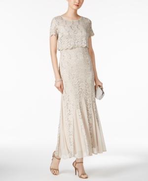R & M Richards Petite Sequined Lace Popover Gown