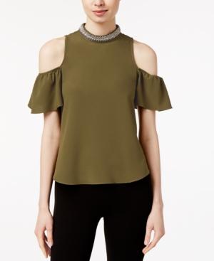 Xoxo Embellished Mock-neck Cold-shoulder Top