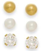 Cultured Freshwater Pearl, Cubic Zirconia And Ball Stud Set In 10k Gold