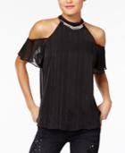 Bcx Juniors' Metallic-stripe Rhinestone Cold-shoulder Top