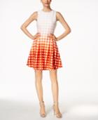 Calvin Klein Petite Dip-dyed Grid-print Fit & Flare Dress