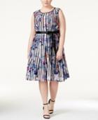 Sl Fashions Plus Size Floral-print Belted A-line Dress