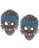 Betsey Johnson Hematite-tone Blue Crystal Pave Skull Stud Earrings