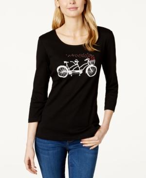 Karen Scott Petite Embellished Bicycle Print Top, Only At Macy's