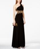 Betsy & Adam Petite Embellished Waistline One-shoulder Evening Gown