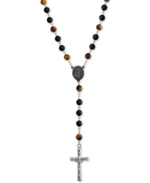 Men's Tiger' Eye (5mm) And Black Agate Stone Cross 28 Lariat Necklace In Stainless Steel