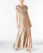 Adrianna Papell Beaded Cap-sleeve Slit Gown