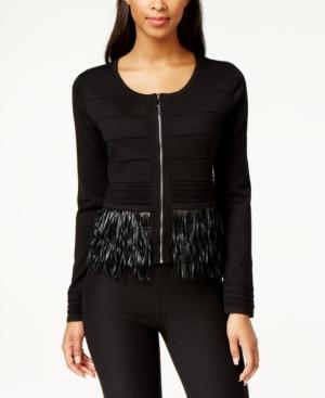 Grace Elements Textured Fringe Trim Zip-front Sweater