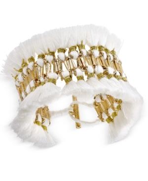 Gold-tone White Tassel And Shiny Bead Heritage Toggle Bracelet