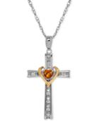Citrine (1/4 Ct. T.w.) And Diamond Accent Cross Pendant Necklace In Sterling Silver And 14k Gold
