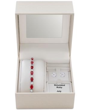 Simulated Ruby Slider Bracelet & Cubic Zirconia Stud Earrings
