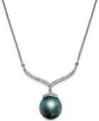 Black Tahitian Pearl (12mm) And Diamond (3/8 Ct. T.w.) Pendant Necklace In 14k White Gold