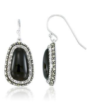 Onyx (16x9mm), Crystal & Marcasite Earrings In Sterling Silver