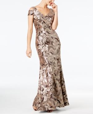 Calvin Klein Sequined Swirl Cold-shoulder Gown