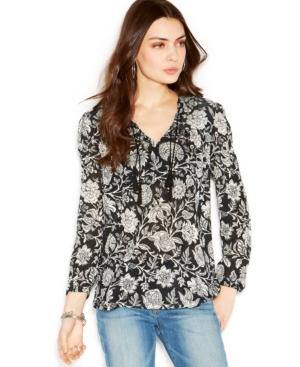 Lucky Brand Long-sleeve Split-neck Printed Top