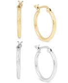 Touch Of Silver Set Of Two Hoop Earrings In 14k Gold Over Silver-plated Brass & Silver-plated Brass