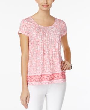Charter Club Metallic-pleated Printed Cotton Top, Created For Macy's