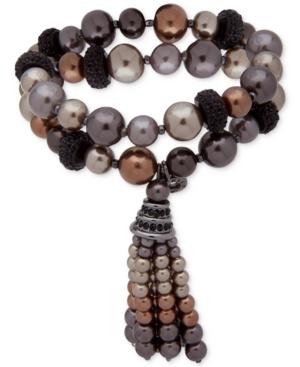 Anne Klein Hematite-tone Jet Pave Bead & Colored Imitation Pearl Tassel Double-row Stretch Bracelet