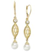 14k Gold Earrings, Cultured Freshwater Pearl (7mm) And Diamond (1/10 Ct. T.w.) Drop Earrings