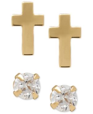 Cubic Zirconia And Cross Stud Earrings Set In 14k Gold
