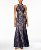 Nightway Lace Keyhole Halter Gown