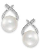 Cultured Freshwater Pearl (8mm) And Diamond Accent Cross Earrings In 14k White Gold
