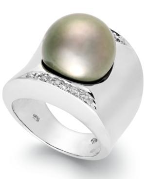 Tahitian Pearl (13mm) And Diamond (1/8 Ct. T.w.) Ring In Sterling Silver