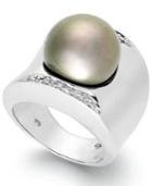Tahitian Pearl (13mm) And Diamond (1/8 Ct. T.w.) Ring In Sterling Silver