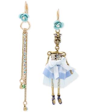 Betsey Johnson Gold-tone Crystal Accent Skeleton And Fringe Mismatch Drop Earrings