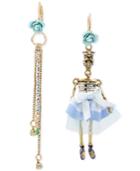 Betsey Johnson Gold-tone Crystal Accent Skeleton And Fringe Mismatch Drop Earrings
