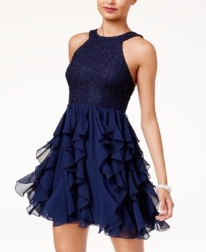 Speechless Juniors' Glitter Lace Ruffled Fit & Flare Dress