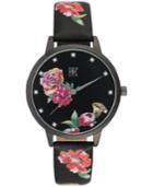 I.n.c. Women's Black Floral Faux Leather Strap Watch 38mm, Created For Macy's