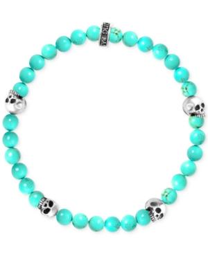 King Baby Men's Stabilized Turquoise Bead (6mm) Skull Stretch Bracelet In Sterling Silver