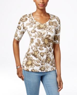 Karen Scott Elbow-sleeve Scoop-neck Tee, Floral Print