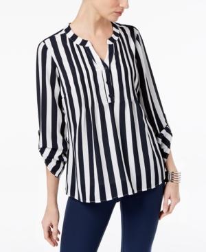 Ny Collection Printed Pleated Roll-tab-sleeve Top