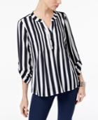 Ny Collection Printed Pleated Roll-tab-sleeve Top