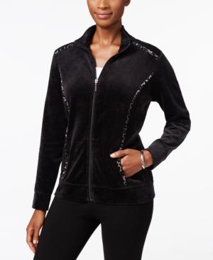 Karen Scott Petite Velour Printed-trim Mock-neck Jacket, Only At Macy's