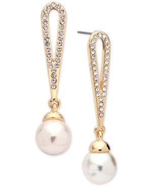 Anne Klein Gold-tone Pave & Imitation Pearl Drop Earrings