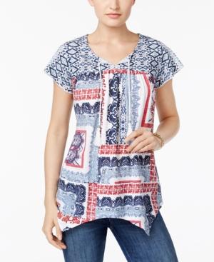 Style & Co Patchwork-print Tie-neck Top, Only At Macy's