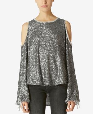 Avec Les Filles Sequined Cold-shoulder Top