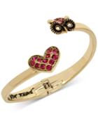 Betsey Johnson Gold-tone Pink Pave Heart And Owl Hinged Open Bangle Bracelet