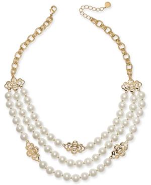 Charter Club Gold-tone Openwork Flower & Imitation Pearl Triple-row Statement Necklace, 18 + 2 Extender, Created For Macy's