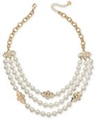 Charter Club Gold-tone Openwork Flower & Imitation Pearl Triple-row Statement Necklace, 18 + 2 Extender, Created For Macy's