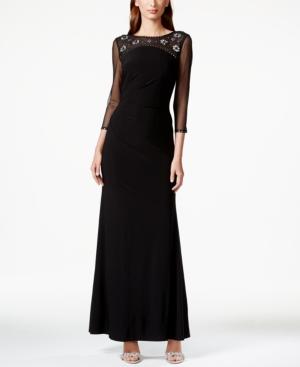 Jessica Howard Illusion Three-quarter-sleeve Embellished Gown